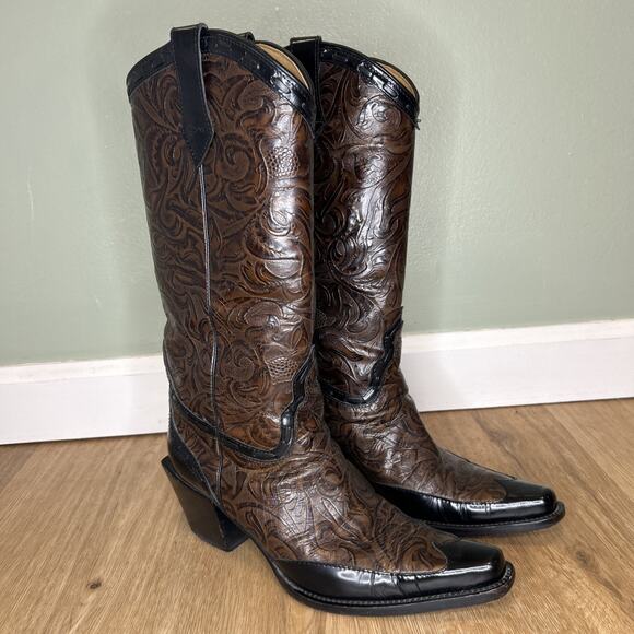 Donald J Pliner Womens 7.5 Boots Western Couture Leather Brown Hand Tooled Italy - Picture 1 of 11